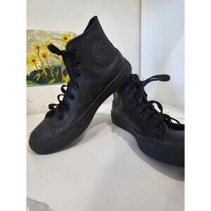 Converse All Star Black Leather High Tops Preowned Men's 5 Women 7
